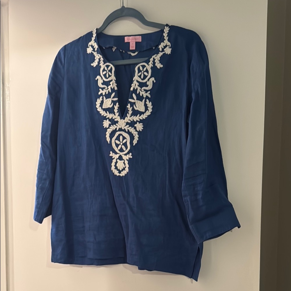 Lilly Pulitzer Amelia Island Royal Blue Embroidered 3/4 Sleeve Tunic